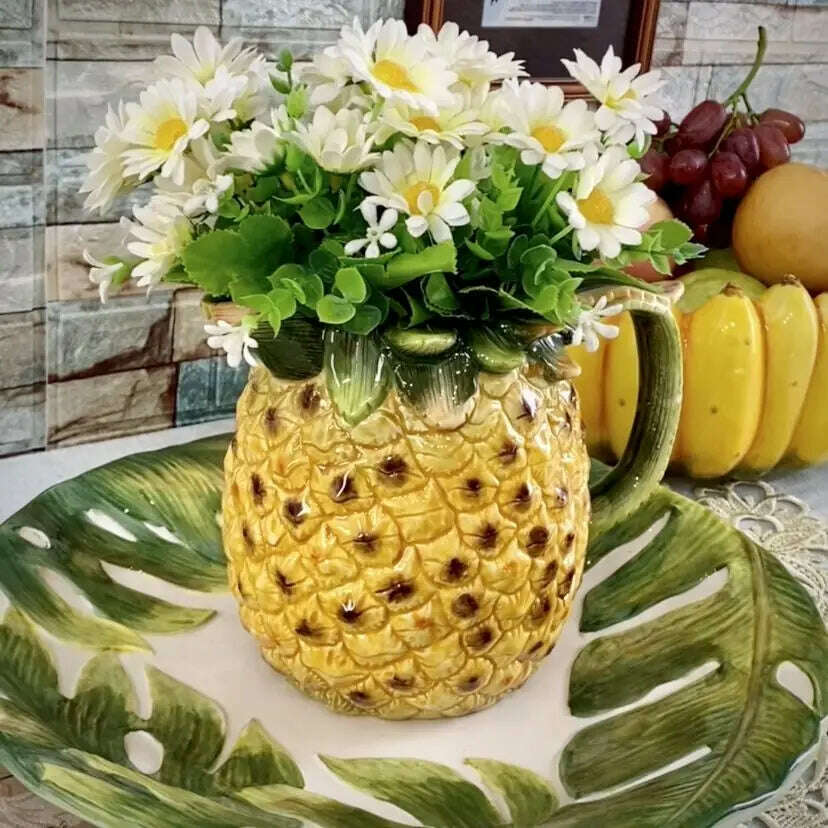 KIMLUD, Ceramic Banana Leaf and Pineapple Flowers Vase, Home Decor Crafts, Room Decoration, Office Ornament, Garden Porcelain Figurines, WHITE, KIMLUD Womens Clothes