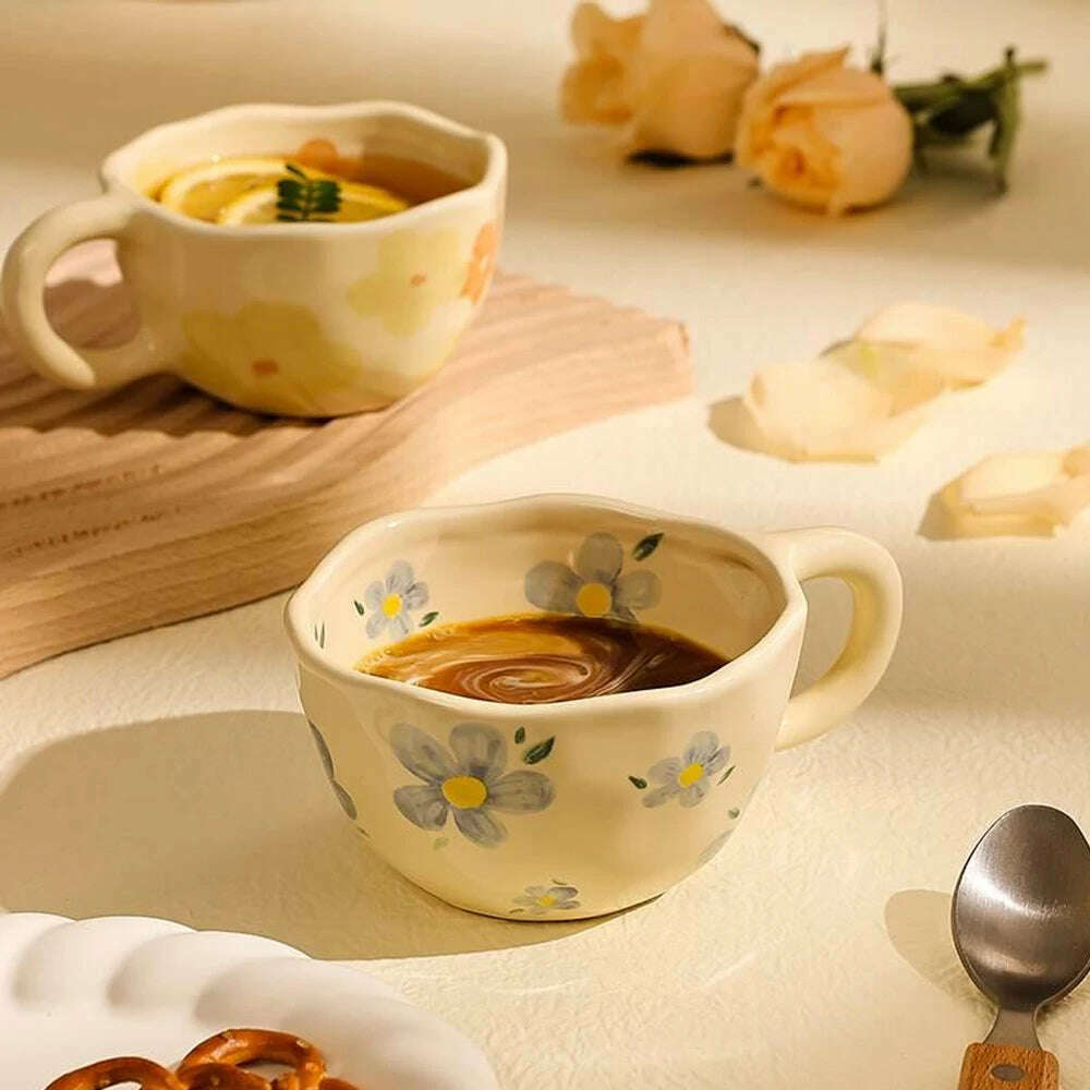 Ceramic Mugs Coffee Cups Hand Pinched Irregular Flower Milk Tea Cup Ins Korean Style Oatmeal Breakfast Mug Drinkware Kitchen - KIMLUD