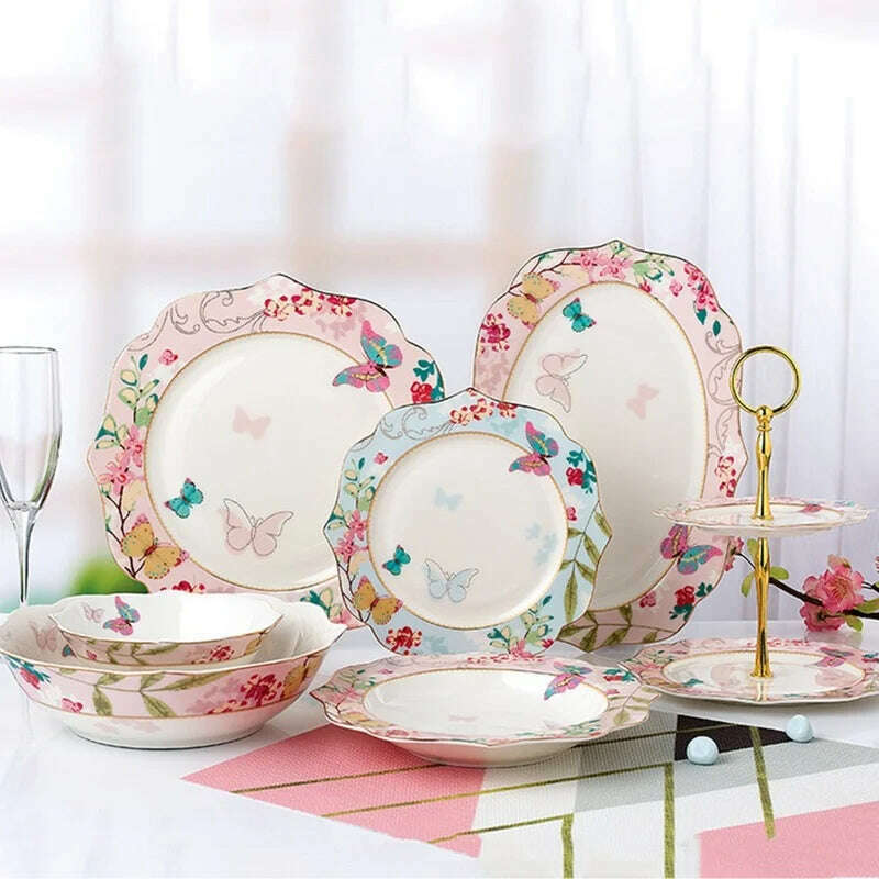 KIMLUD, Ceramic Plate Set Glazes Party Flora Tableware Set Porcelain Breakfast Dessert Plates Dishes Noodle Bowl Coffee Cup Home Decor, KIMLUD Womens Clothes