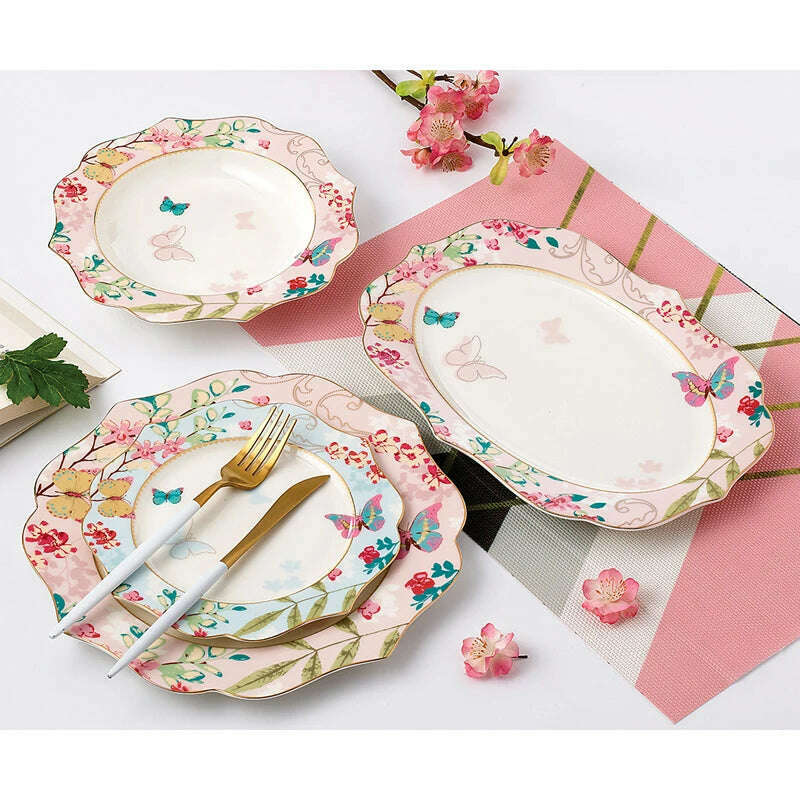 KIMLUD, Ceramic Plate Set Glazes Party Flora Tableware Set Porcelain Breakfast Dessert Plates Dishes Noodle Bowl Coffee Cup Home Decor, KIMLUD Womens Clothes