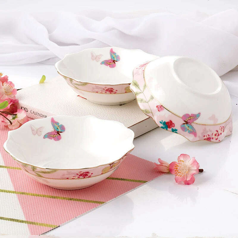 KIMLUD, Ceramic Plate Set Glazes Party Flora Tableware Set Porcelain Breakfast Dessert Plates Dishes Noodle Bowl Coffee Cup Home Decor, KIMLUD Womens Clothes