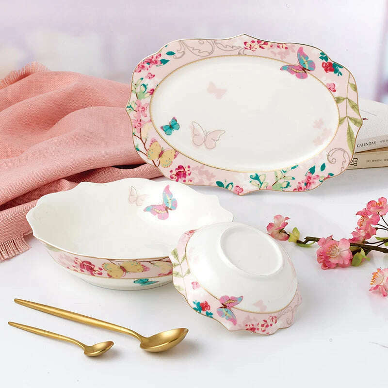 KIMLUD, Ceramic Plate Set Glazes Party Flora Tableware Set Porcelain Breakfast Dessert Plates Dishes Noodle Bowl Coffee Cup Home Decor, KIMLUD Womens Clothes