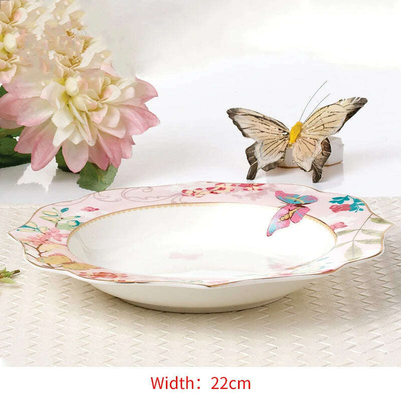 KIMLUD, Ceramic Plate Set Glazes Party Flora Tableware Set Porcelain Breakfast Dessert Plates Dishes Noodle Bowl Coffee Cup Home Decor, 8.5 inch plate, KIMLUD Womens Clothes