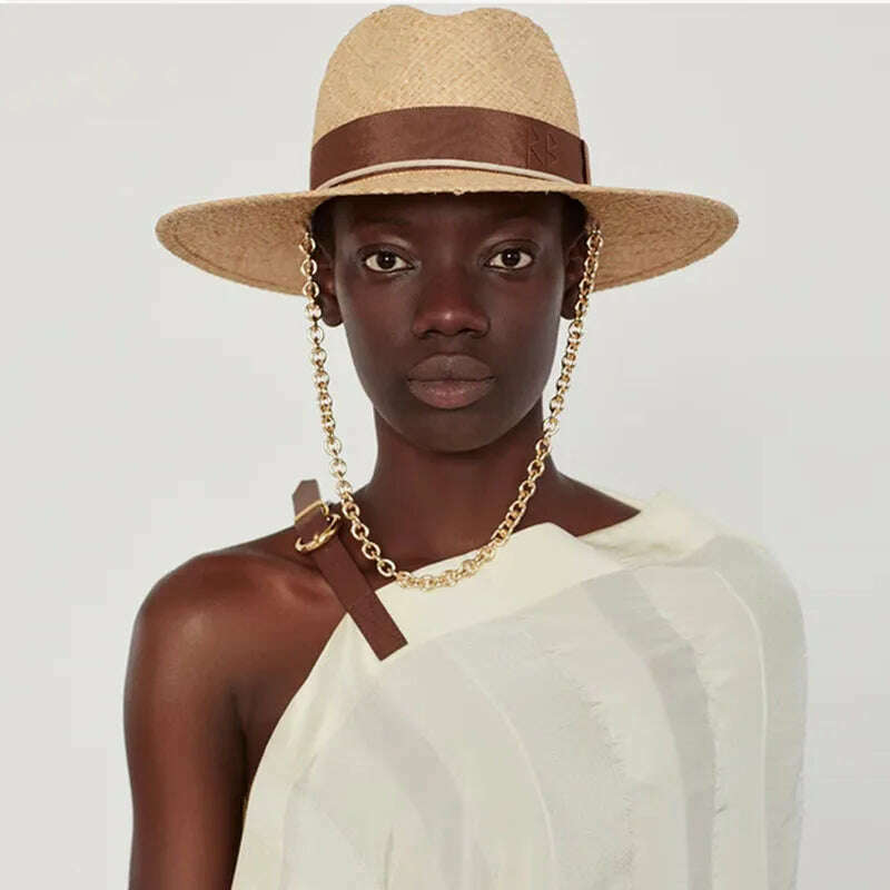 KIMLUD, Chain Strap Straw Fedora Hat Embellished Beach Hats with Chain For Women Straw Woven Sun Hats Summer Holidaty Panama Hat, KIMLUD Womens Clothes
