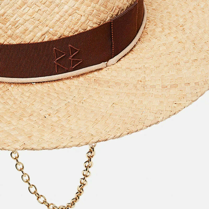 KIMLUD, Chain Strap Straw Fedora Hat Embellished Beach Hats with Chain For Women Straw Woven Sun Hats Summer Holidaty Panama Hat, KIMLUD Womens Clothes