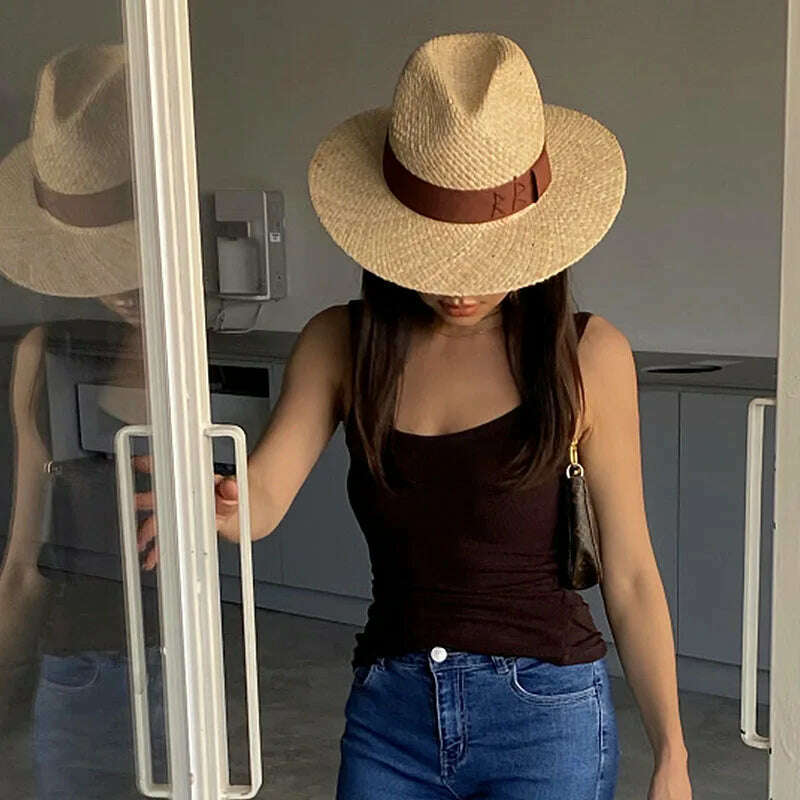 KIMLUD, Chain Strap Straw Fedora Hat Embellished Beach Hats with Chain For Women Straw Woven Sun Hats Summer Holidaty Panama Hat, KIMLUD Womens Clothes