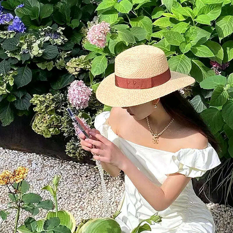 KIMLUD, Chain Strap Straw Fedora Hat Embellished Beach Hats with Chain For Women Straw Woven Sun Hats Summer Holidaty Panama Hat, KIMLUD Womens Clothes