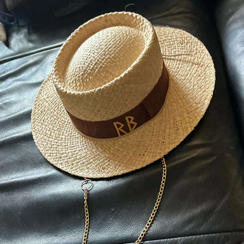 KIMLUD, Chain Strap Straw Fedora Hat Embellished Beach Hats with Chain For Women Straw Woven Sun Hats Summer Holidaty Panama Hat, Chain style 01, KIMLUD Womens Clothes