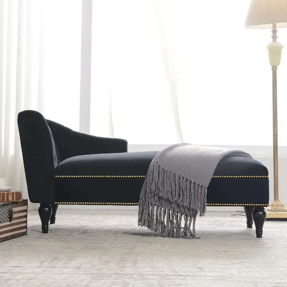 KIMLUD, Chaise Lounge 58" Velvet Chaise, Button Tufted Arm Facing Chair with Nailhead Solid Wood Legs for Living Room or Office,Black, KIMLUD Womens Clothes
