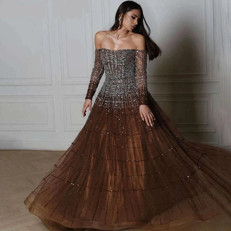 KIMLUD, Champagne Off Shoulder Long Sleeve Evening Dresses 2023 A-Line Beading Party Gowns Serene Hill BLA70292, KIMLUD Womens Clothes