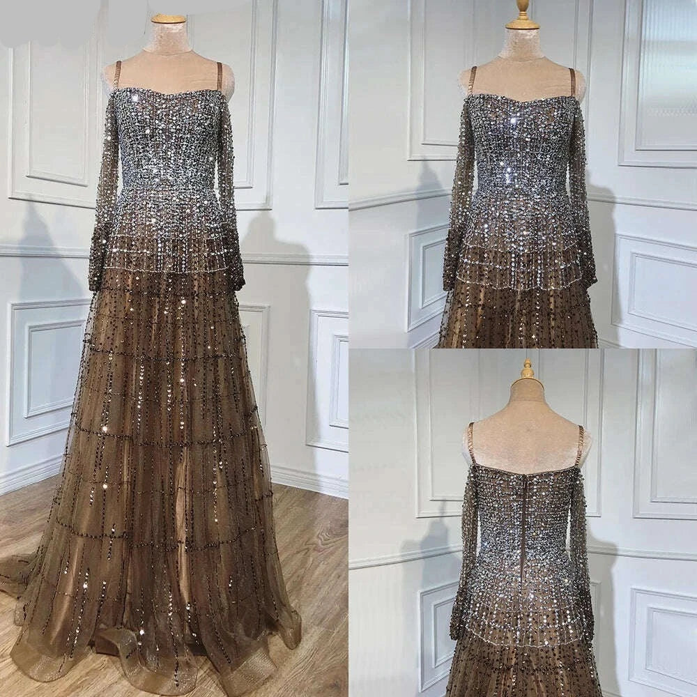 KIMLUD, Champagne Off Shoulder Long Sleeve Evening Dresses 2023 A-Line Beading Party Gowns Serene Hill BLA70292, KIMLUD Womens Clothes