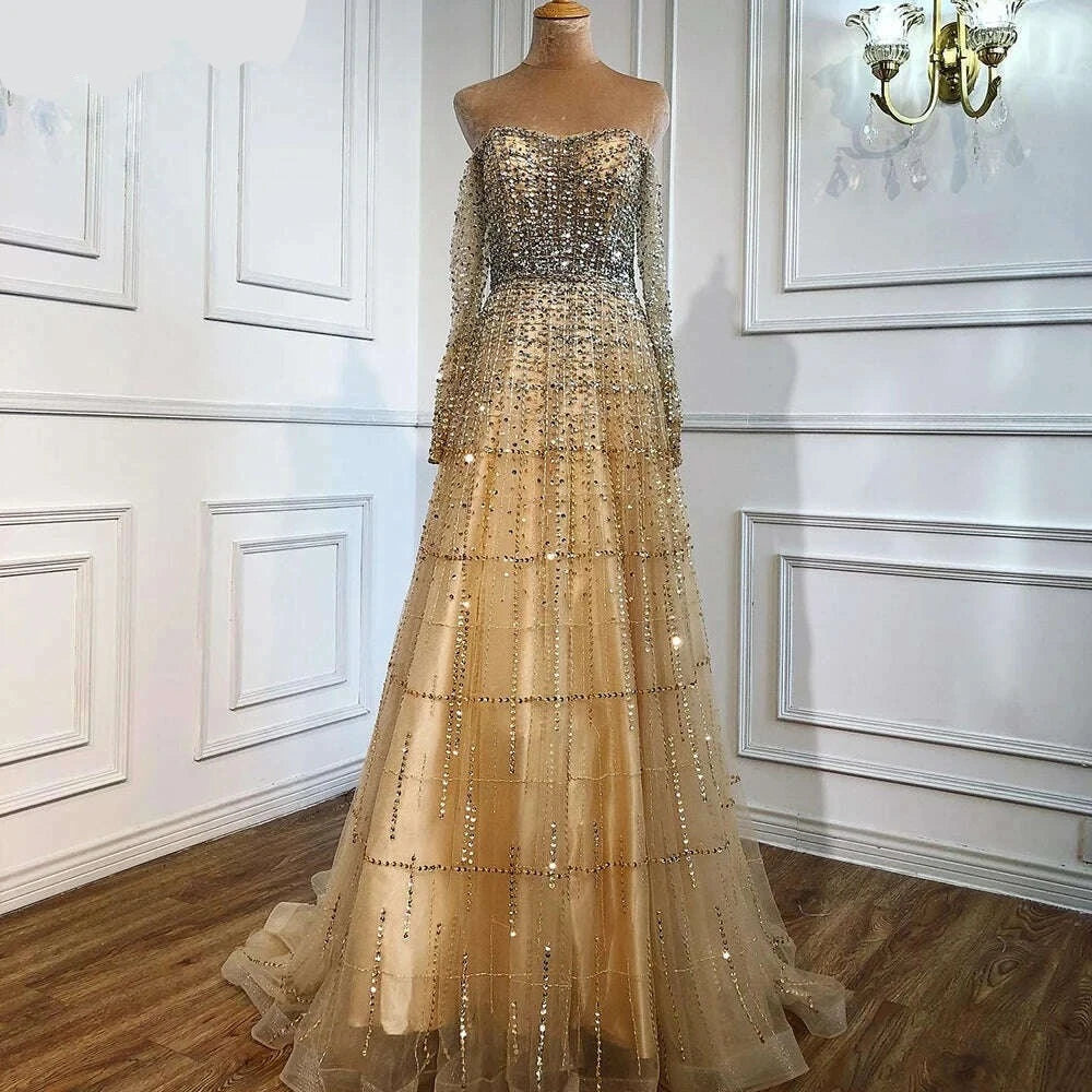 KIMLUD, Champagne Off Shoulder Long Sleeve Evening Dresses 2023 A-Line Beading Party Gowns Serene Hill BLA70292, KIMLUD Womens Clothes