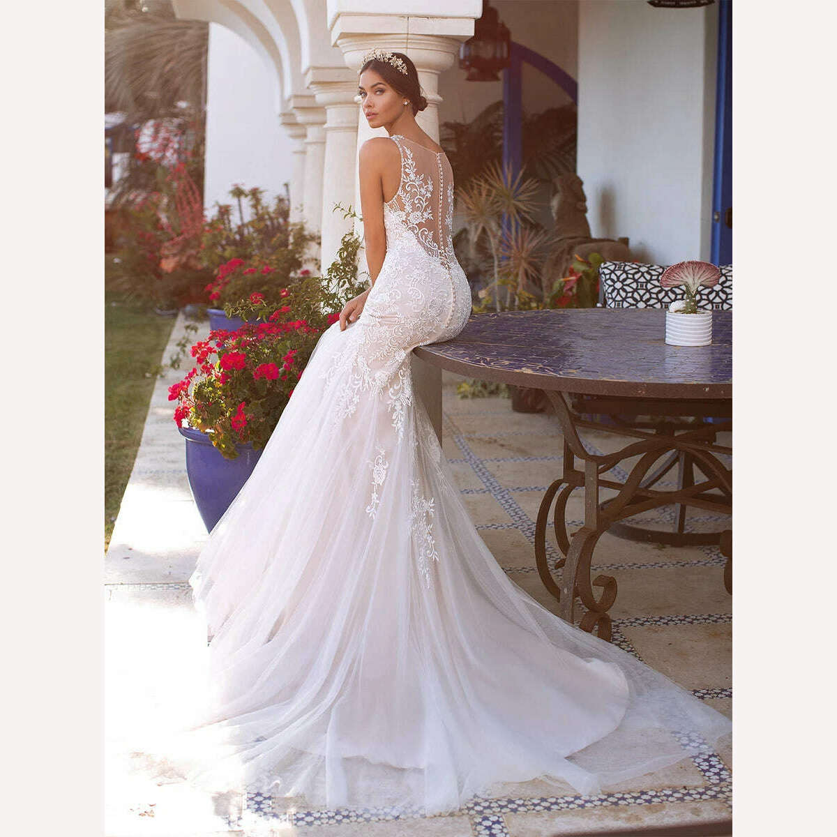KIMLUD, Charming Mermaid Wedding Dresses Bridal Gown Spaghetti Strap Beading Applique Illusion Back Robe De Mariage Dress, KIMLUD Womens Clothes