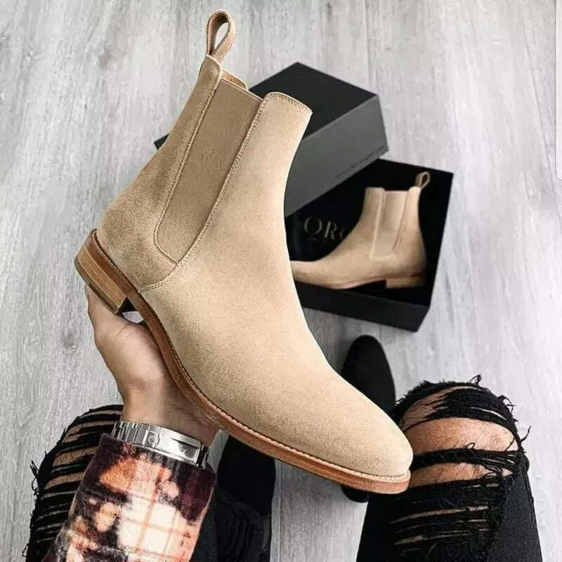 KIMLUD, Chelsea Men Boots  Pointed Head Cuff Suede Low Heel Low Top Casual Fashion Comfortable Business Handmade Men Shoes, KIMLUD Womens Clothes