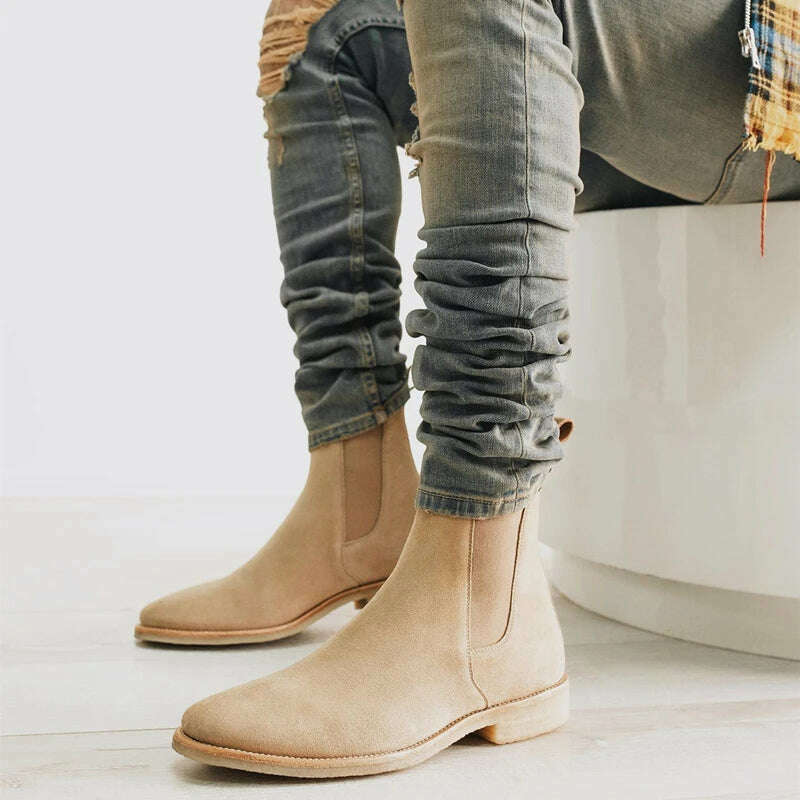 KIMLUD, Chelsea Men Boots Pointed Head Cuff Suede Low Heel Low Top Casual Fashion Comfortable Business Handmade Men Shoes, KIMLUD Womens Clothes