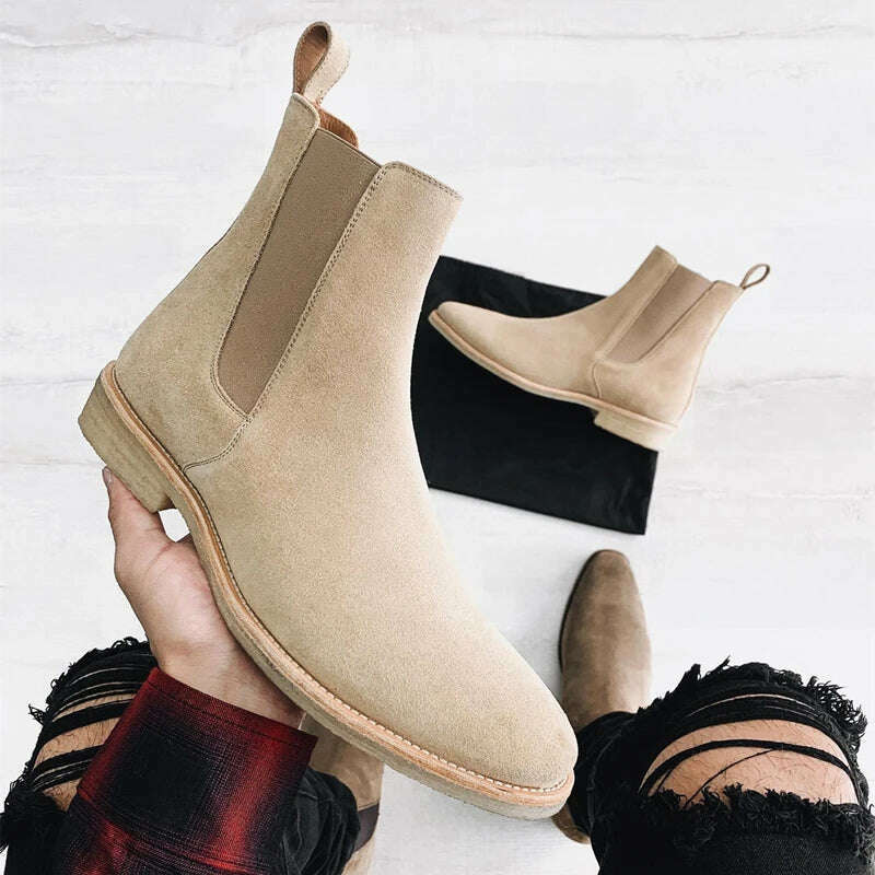 KIMLUD, Chelsea Men Boots Pointed Head Cuff Suede Low Heel Low Top Casual Fashion Comfortable Business Handmade Men Shoes, KIMLUD Womens Clothes