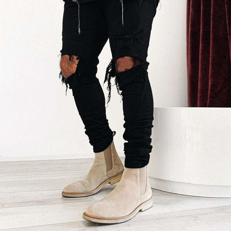 KIMLUD, Chelsea Men Boots Pointed Head Cuff Suede Low Heel Low Top Casual Fashion Comfortable Business Handmade Men Shoes, KIMLUD Womens Clothes