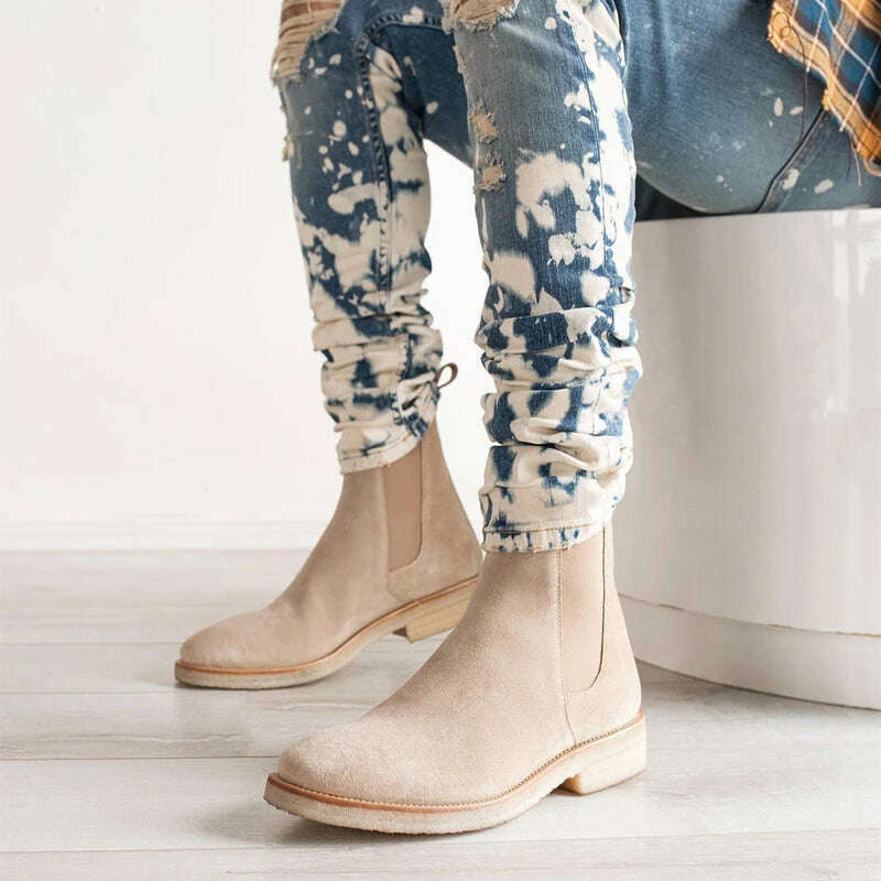 KIMLUD, Chelsea Men Boots Pointed Head Cuff Suede Low Heel Low Top Casual Fashion Comfortable Business Handmade Men Shoes, KIMLUD Womens Clothes