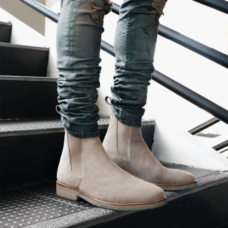 KIMLUD, Chelsea Men Boots Pointed Head Cuff Suede Low Heel Low Top Casual Fashion Comfortable Business Handmade Men Shoes, KIMLUD Womens Clothes