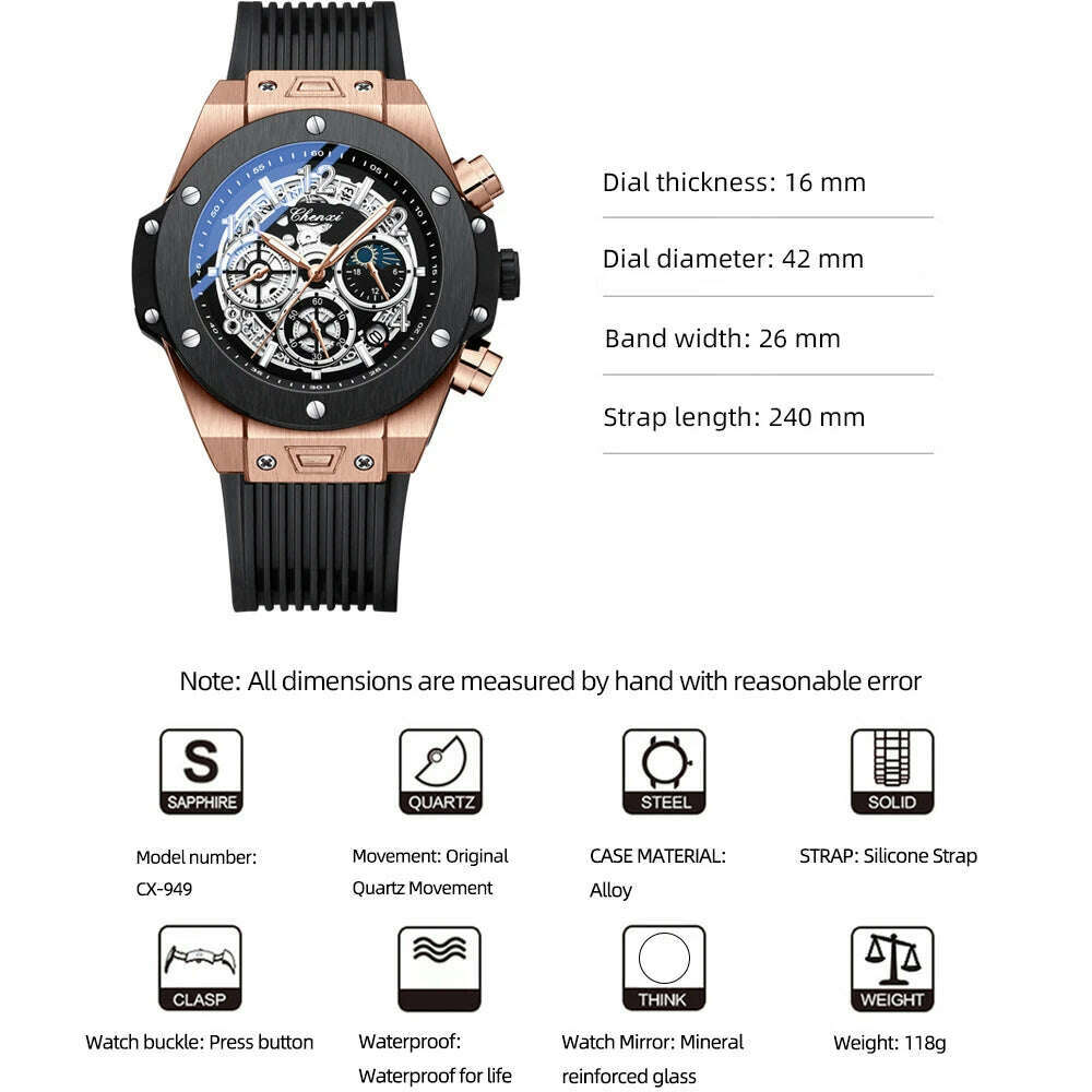 CHENXI 2023 New Watch for Men PU Strap With Chronograph Top Brand Sport Quartz Mens Watches Luminous Waterproof Wristwatch - KIMLUD