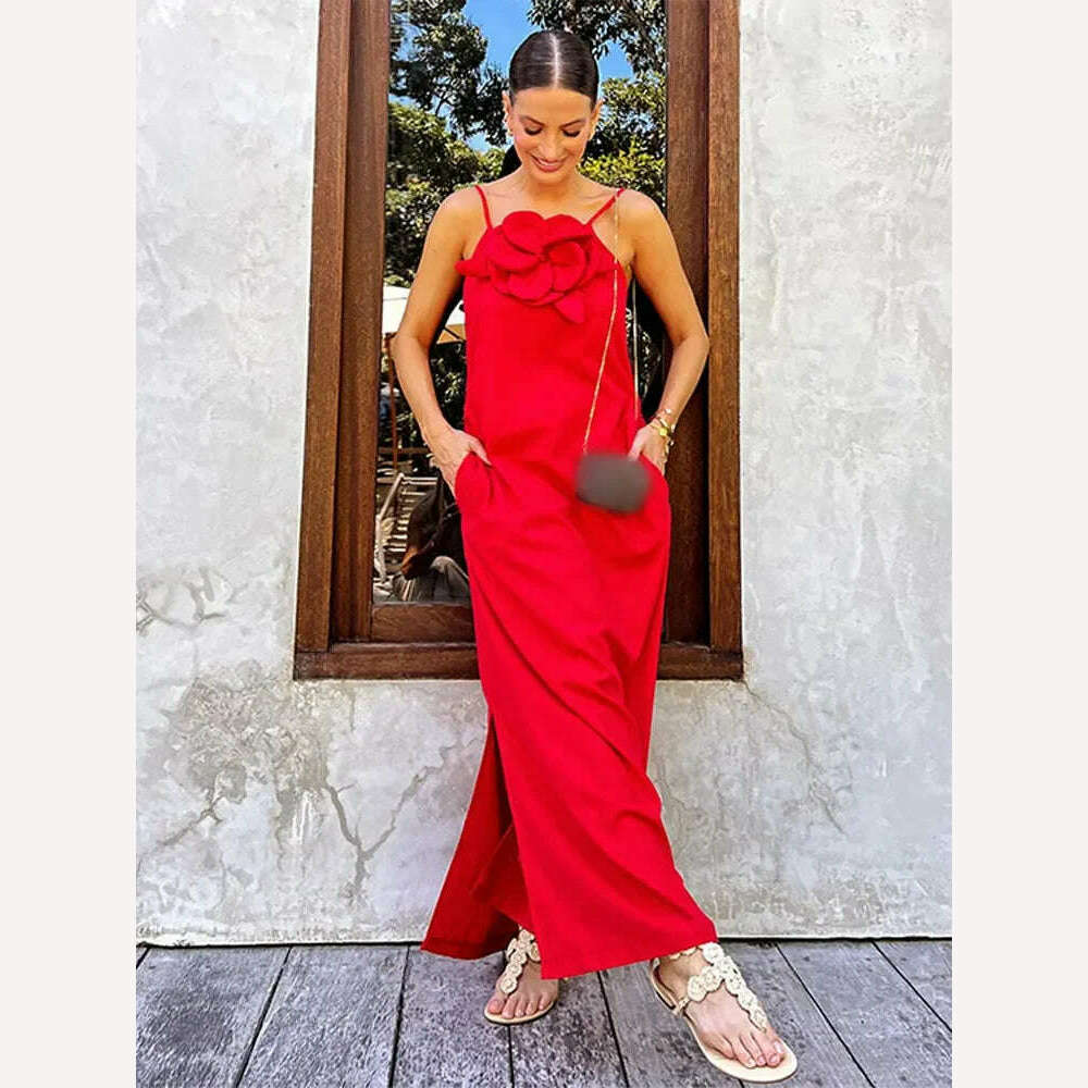 Chic 3D Flower Red Sling Midi Dress For Women Fashion Backless Sleeveless  High Split Dresses Elegant Female Party Club Vestidos