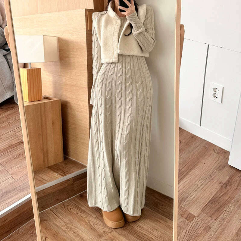 KIMLUD, Chic Korean Autumn Winter Knitted Long Sweater Dress Elegant Women Round Collar Twisted Thick Warm Loose A Line Maxi Vestidos, Khaki / One Size, KIMLUD Women's Clothes