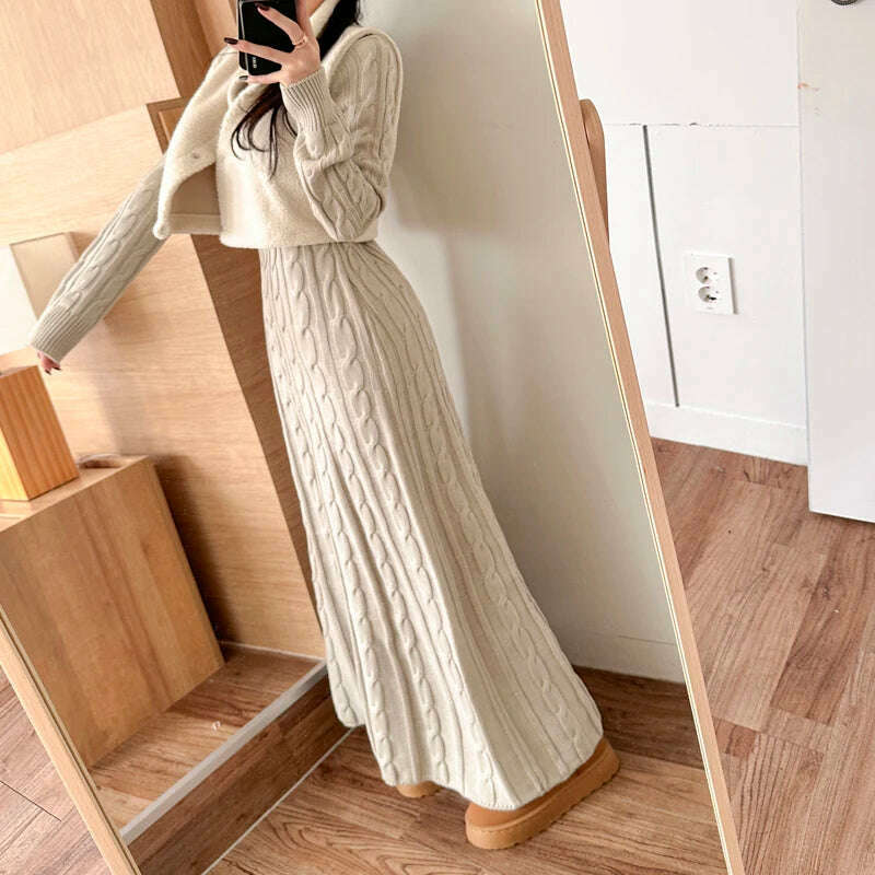 KIMLUD, Chic Korean Autumn Winter Knitted Long Sweater Dress Elegant Women Round Collar Twisted Thick Warm Loose A Line Maxi Vestidos, KIMLUD Womens Clothes