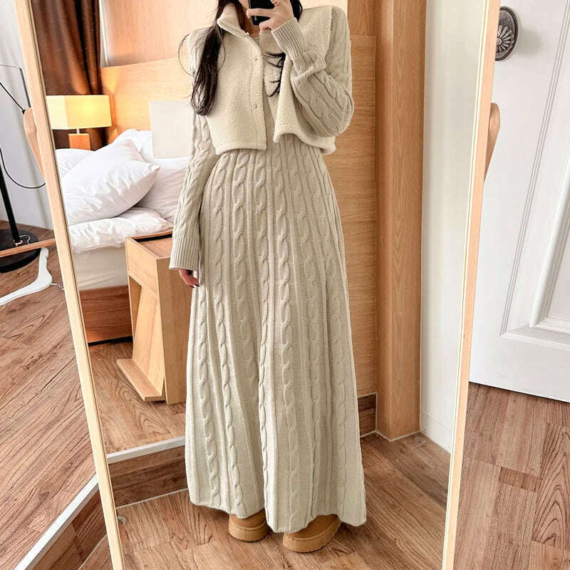 KIMLUD, Chic Korean Autumn Winter Knitted Long Sweater Dress Elegant Women Round Collar Twisted Thick Warm Loose A Line Maxi Vestidos, KIMLUD Womens Clothes