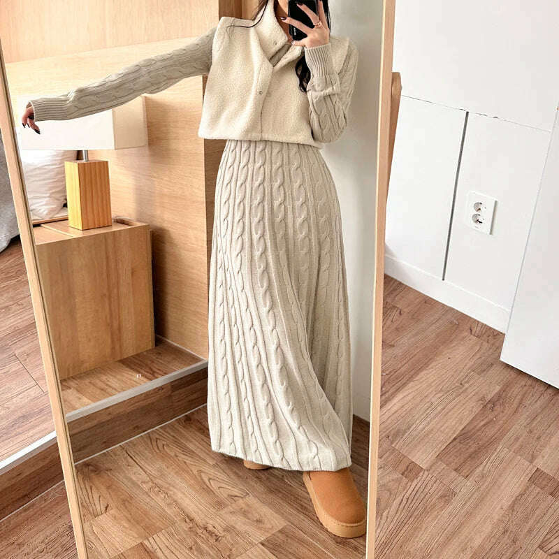 KIMLUD, Chic Korean Autumn Winter Knitted Long Sweater Dress Elegant Women Round Collar Twisted Thick Warm Loose A Line Maxi Vestidos, KIMLUD Womens Clothes