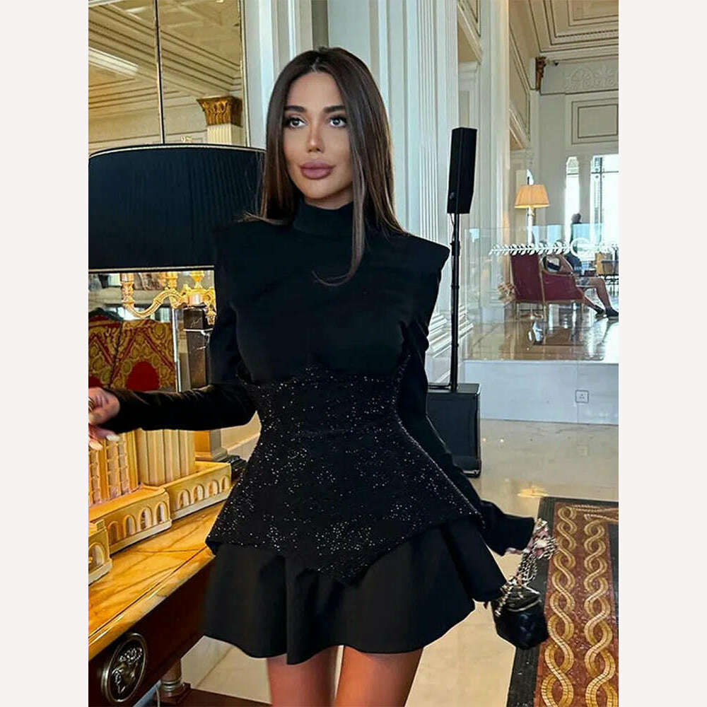 KIMLUD, Chic Sequin Black Mini Dress For Women Fashion O Neck High Waist Long Sleeve A-line Skirt 2024 Female Evening Prom Vestidos, KIMLUD Womens Clothes