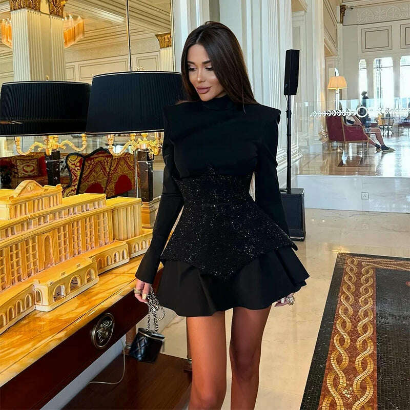 KIMLUD, Chic Sequin Black Mini Dress For Women Fashion O Neck High Waist Long Sleeve A-line Skirt 2024 Female Evening Prom Vestidos, KIMLUD Womens Clothes