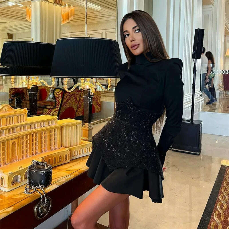 KIMLUD, Chic Sequin Black Mini Dress For Women Fashion O Neck High Waist Long Sleeve A-line Skirt 2024 Female Evening Prom Vestidos, KIMLUD Womens Clothes
