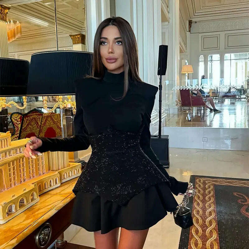 KIMLUD, Chic Sequin Black Mini Dress For Women Fashion O Neck High Waist Long Sleeve A-line Skirt 2024 Female Evening Prom Vestidos, KIMLUD Womens Clothes