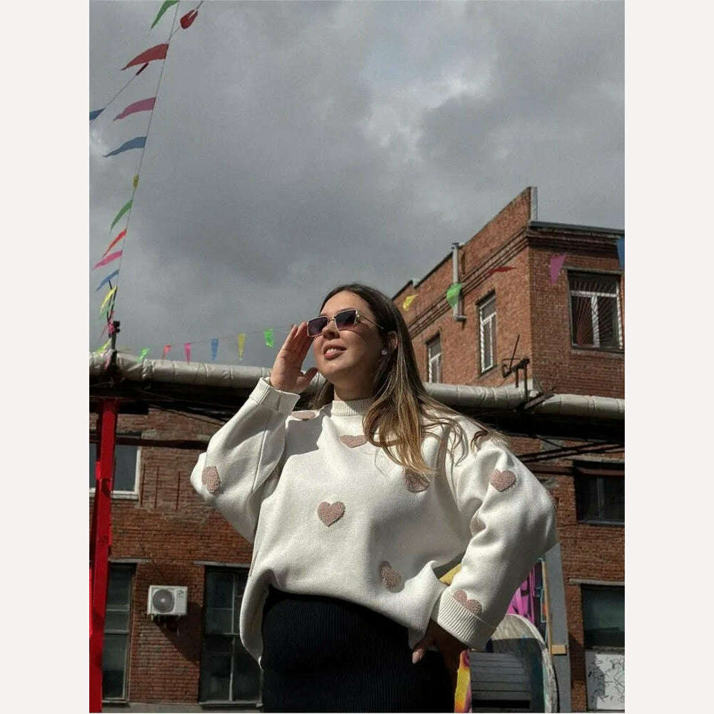 KIMLUD, Chic Sweet Love Embroidery Knitting Sweaters Women Long Sleeved O-neck Pullovers 2023 Winter New Female Casual Fashion Sweaters, KIMLUD Womens Clothes