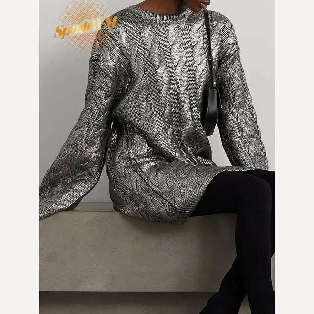 KIMLUD, Chic Twist Fashion Hot Silver Knitted Sweaters Women O Neck Long Sleeve Loose Pullover Sweater Autumn 2023 Midi Streetwear Tops, KIMLUD Womens Clothes