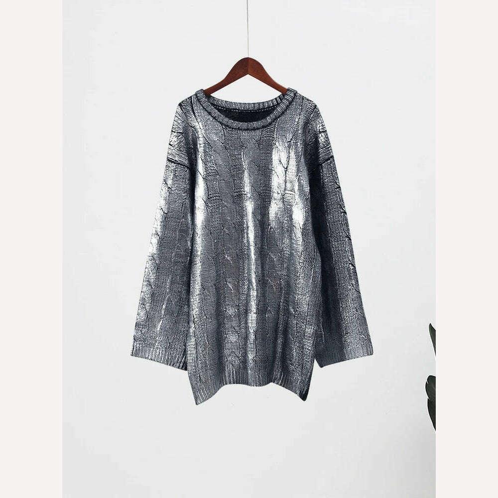 KIMLUD, Chic Twist Fashion Hot Silver Knitted Sweaters Women O Neck Long Sleeve Loose Pullover Sweater Autumn 2023 Midi Streetwear Tops, KIMLUD Womens Clothes