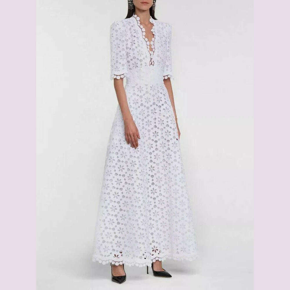 KIMLUD, CHICEVER Elegant Hollow Out Dresses For Women V Neck Half Sleeve High Waist Solid Temperament Slimming A Line Dress Female New, White / S, KIMLUD APPAREL - Womens Clothes