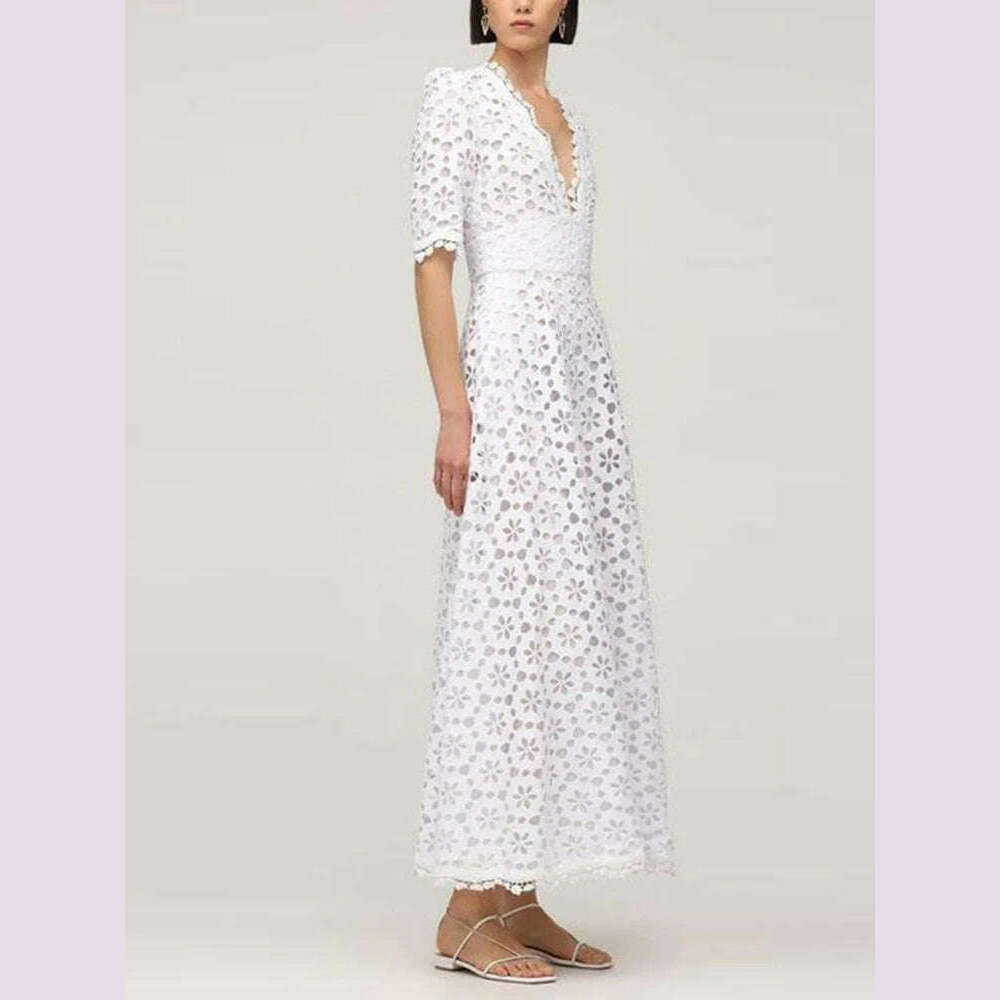 KIMLUD, CHICEVER Elegant Hollow Out Dresses For Women V Neck Half Sleeve High Waist Solid Temperament Slimming A Line Dress Female New, KIMLUD Womens Clothes