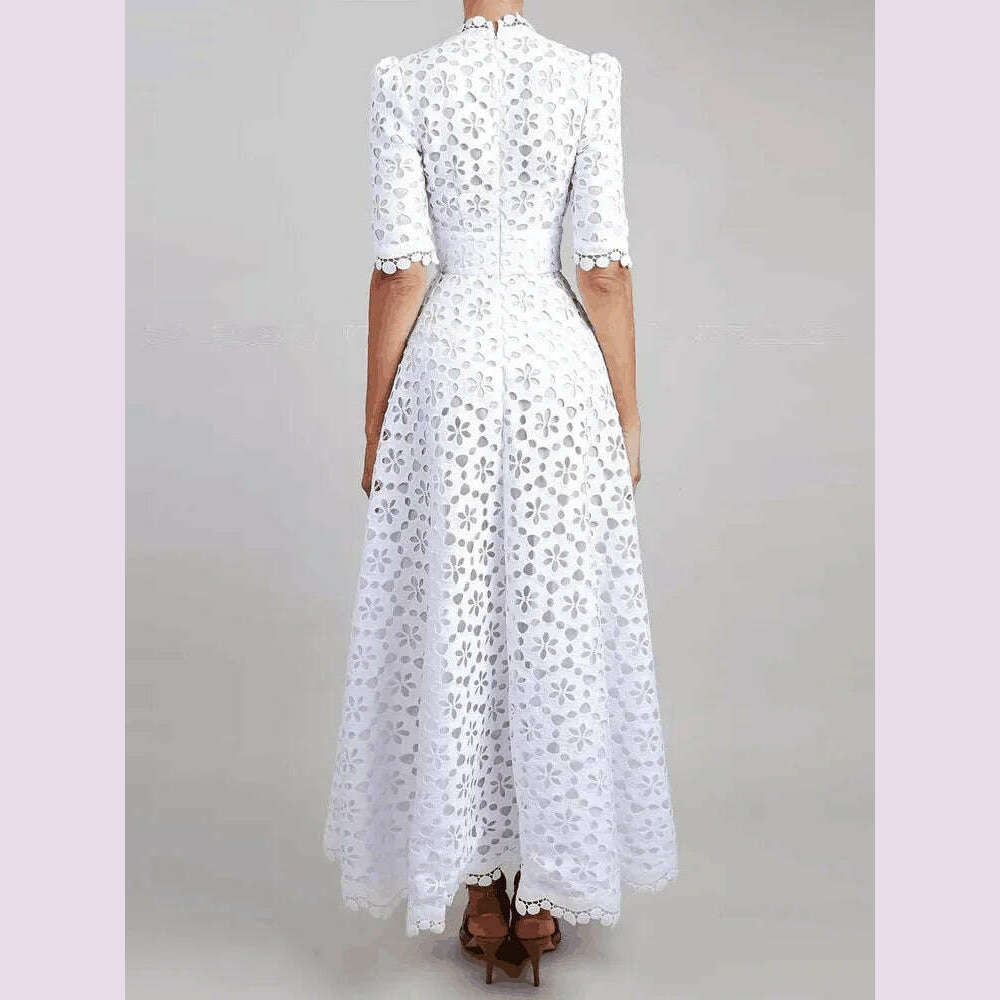 KIMLUD, CHICEVER Elegant Hollow Out Dresses For Women V Neck Half Sleeve High Waist Solid Temperament Slimming A Line Dress Female New, KIMLUD Womens Clothes