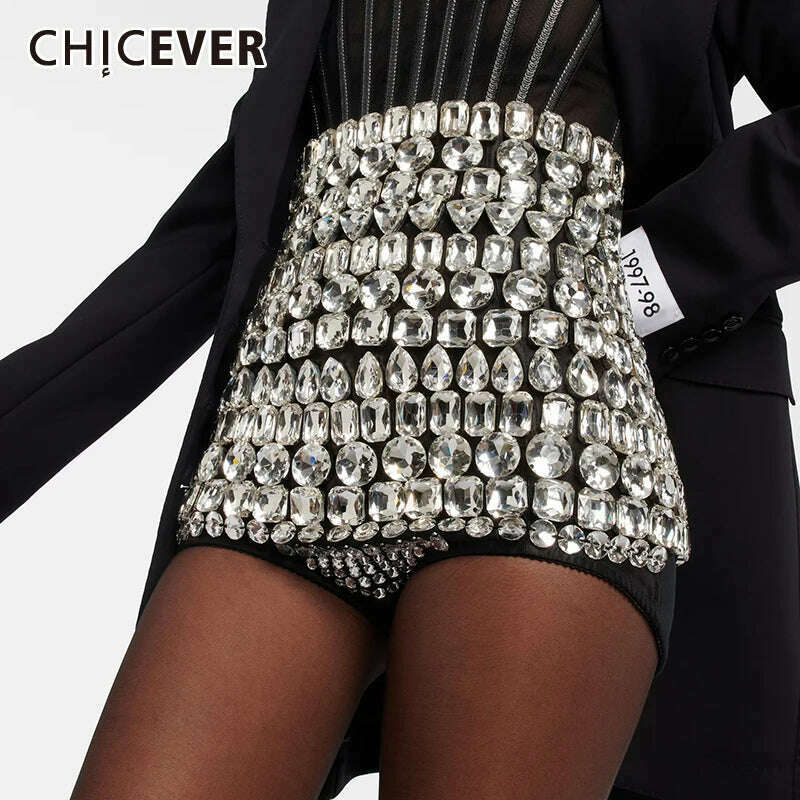 KIMLUD, CHICEVER Patchwork Diamonds Shorts For Women High Waist Spliced Zipper Slimming A Line Hit Color Summer Mini Skirt Female 2024, KIMLUD Womens Clothes