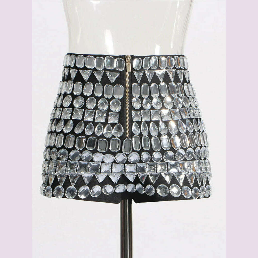 KIMLUD, CHICEVER Patchwork Diamonds Shorts For Women High Waist Spliced Zipper Slimming A Line Hit Color Summer Mini Skirt Female 2024, KIMLUD Womens Clothes