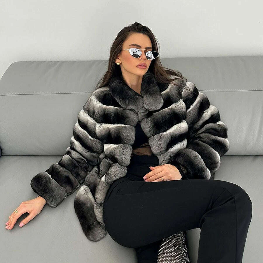 KIMLUD, Chinchilla Fur Coats Real Rex Rabbit Fur Jacket With Stand Collar Short Fur Coat Women Warm Winter Outerwear, KIMLUD Womens Clothes