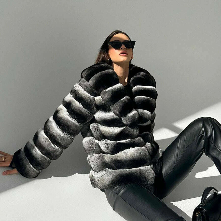 KIMLUD, Chinchilla Fur Coats Real Rex Rabbit Fur Jacket With Stand Collar Short Fur Coat Women Warm Winter Outerwear, KIMLUD Womens Clothes