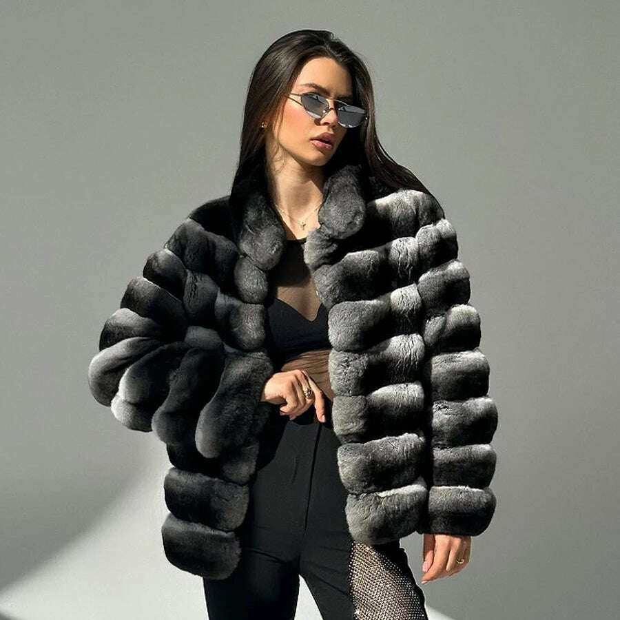 KIMLUD, Chinchilla Fur Coats Real Rex Rabbit Fur Jacket With Stand Collar Short Fur Coat Women Warm Winter Outerwear, KIMLUD Womens Clothes