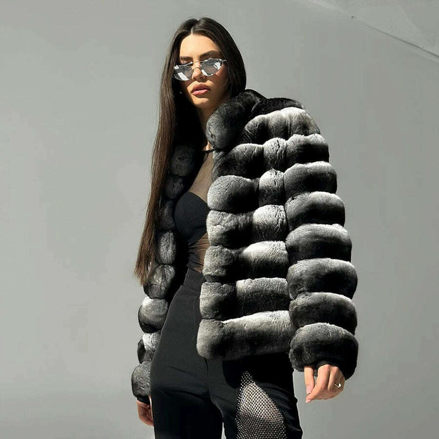 KIMLUD, Chinchilla Fur Coats Real Rex Rabbit Fur Jacket With Stand Collar Short Fur Coat Women Warm Winter Outerwear, KIMLUD Womens Clothes