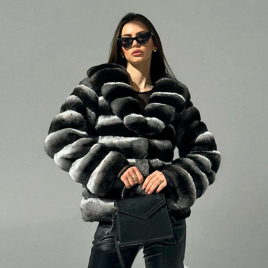 KIMLUD, Chinchilla Fur Coats Real Rex Rabbit Fur Jacket With Stand Collar Short Fur Coat Women Warm Winter Outerwear, KIMLUD Womens Clothes