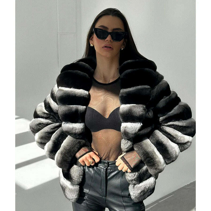 KIMLUD, Chinchilla Fur Coats Real Rex Rabbit Fur Jacket With Stand Collar Short Fur Coat Women Warm Winter Outerwear, KIMLUD Womens Clothes