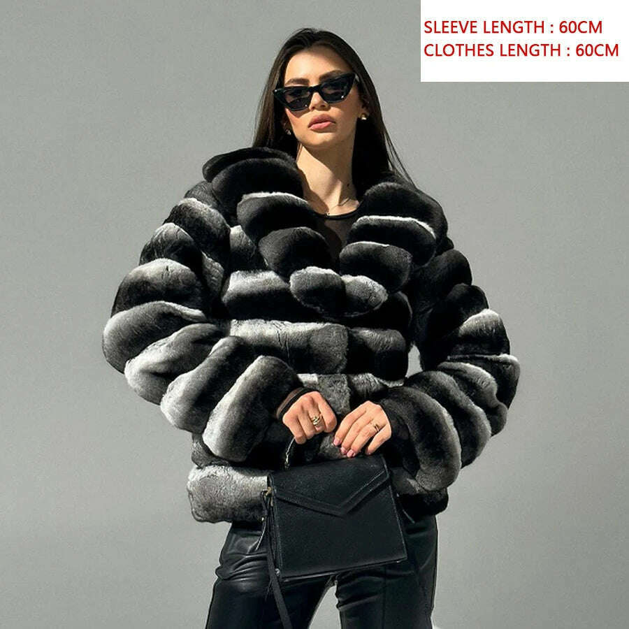 KIMLUD, Chinchilla Fur Coats Real Rex Rabbit Fur Jacket With Stand Collar Short Fur Coat Women Warm Winter Outerwear, 2 / XXXL-BUST-120CM, KIMLUD APPAREL - Womens Clothes
