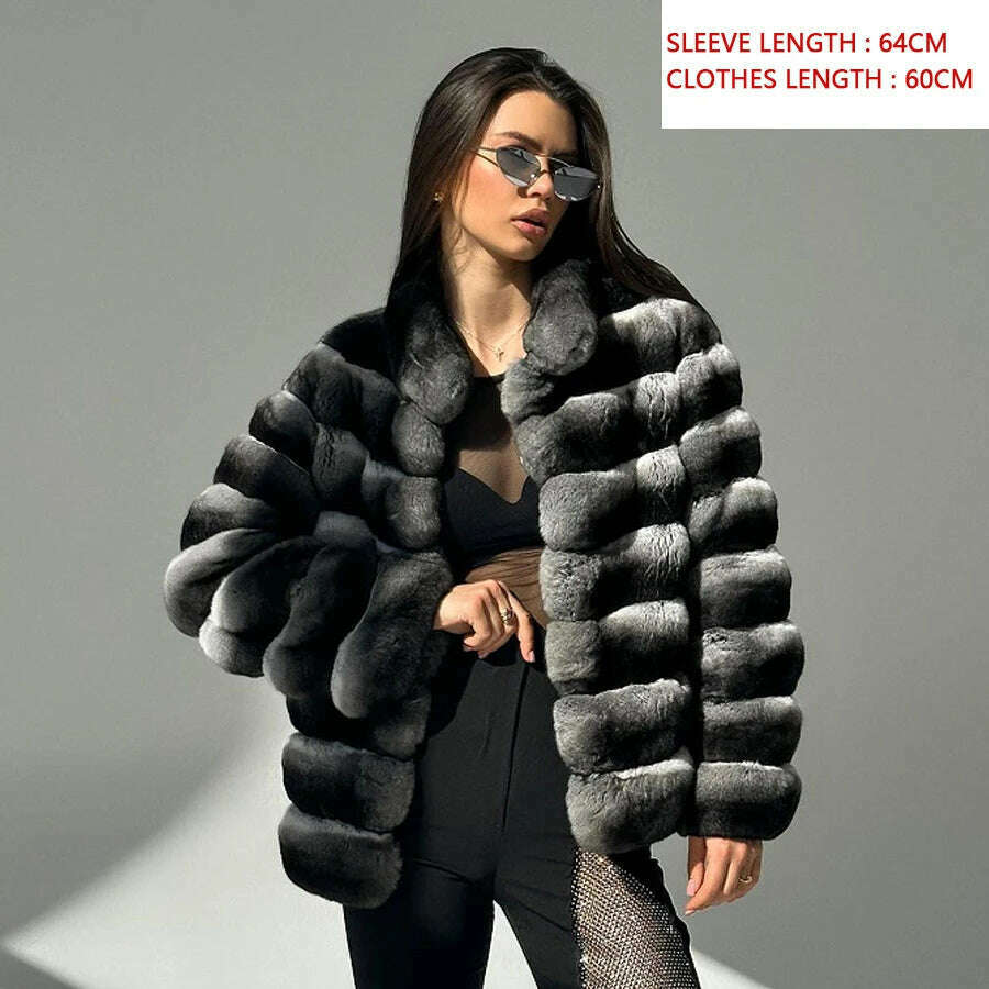 KIMLUD, Chinchilla Fur Coats Real Rex Rabbit Fur Jacket With Stand Collar Short Fur Coat Women Warm Winter Outerwear, 1 / XXXL-BUST-120CM, KIMLUD APPAREL - Womens Clothes