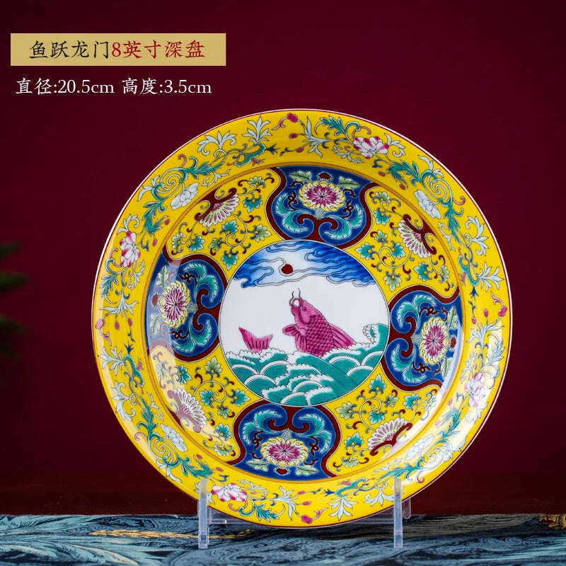 KIMLUD, Chinese Classical Enamel Ceramic Plate Antique Modern Bone China Deep Dishes Steak Pasta Dinner Plates Restaurant Serving Tray, E-20.5x3.5cm, KIMLUD Womens Clothes